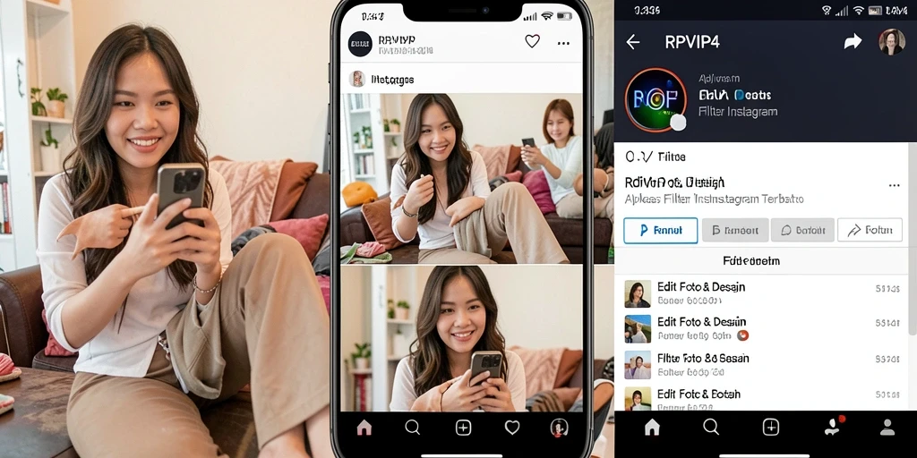 Tampilan antarmuka aplikasi RPVIP4 dengan filter Instagram yang menarik.