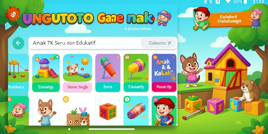 Screenshot antarmuka aplikasi UNGUTOTO dengan berbagai permainan edukatif.