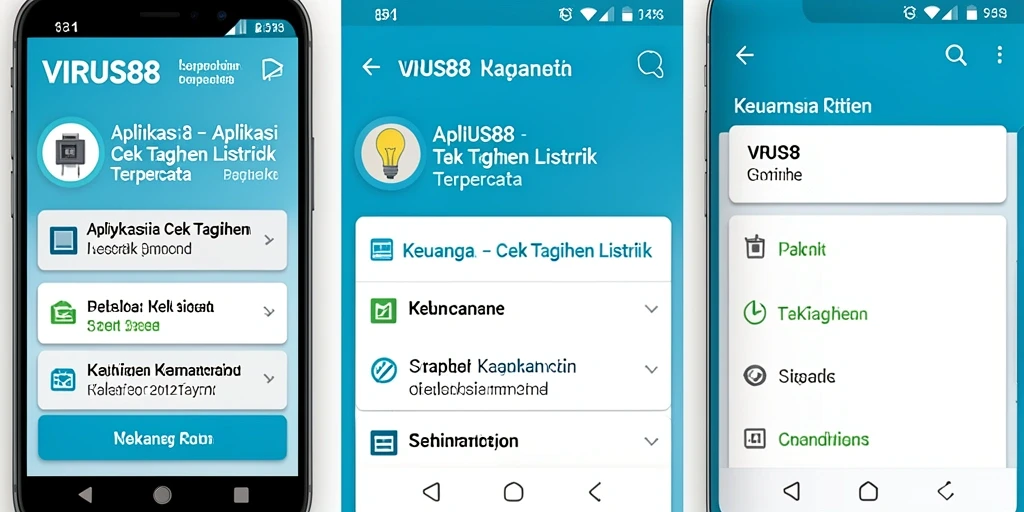 Tampilan antarmuka aplikasi VIRUS88 untuk cek tagihan listrik.